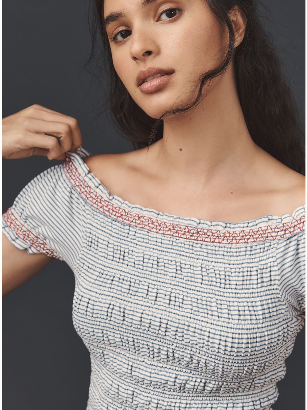 Anthropologie Maeve Off-Shoulder Smocked  Top in White and Navy with Red Trim